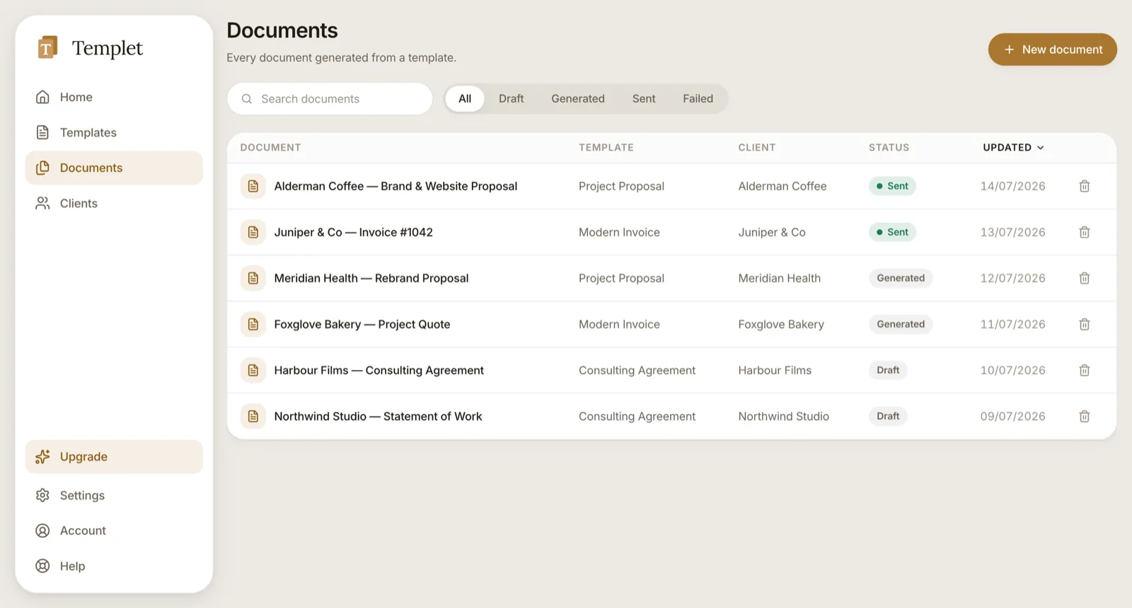 The Templet app — the Documents screen listing proposals, invoices, and contracts with their status.